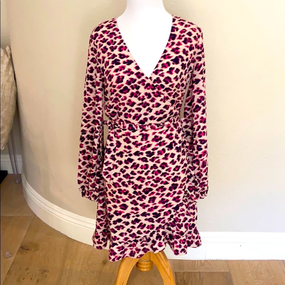 Aqua wrap dress in pink and black leopard print